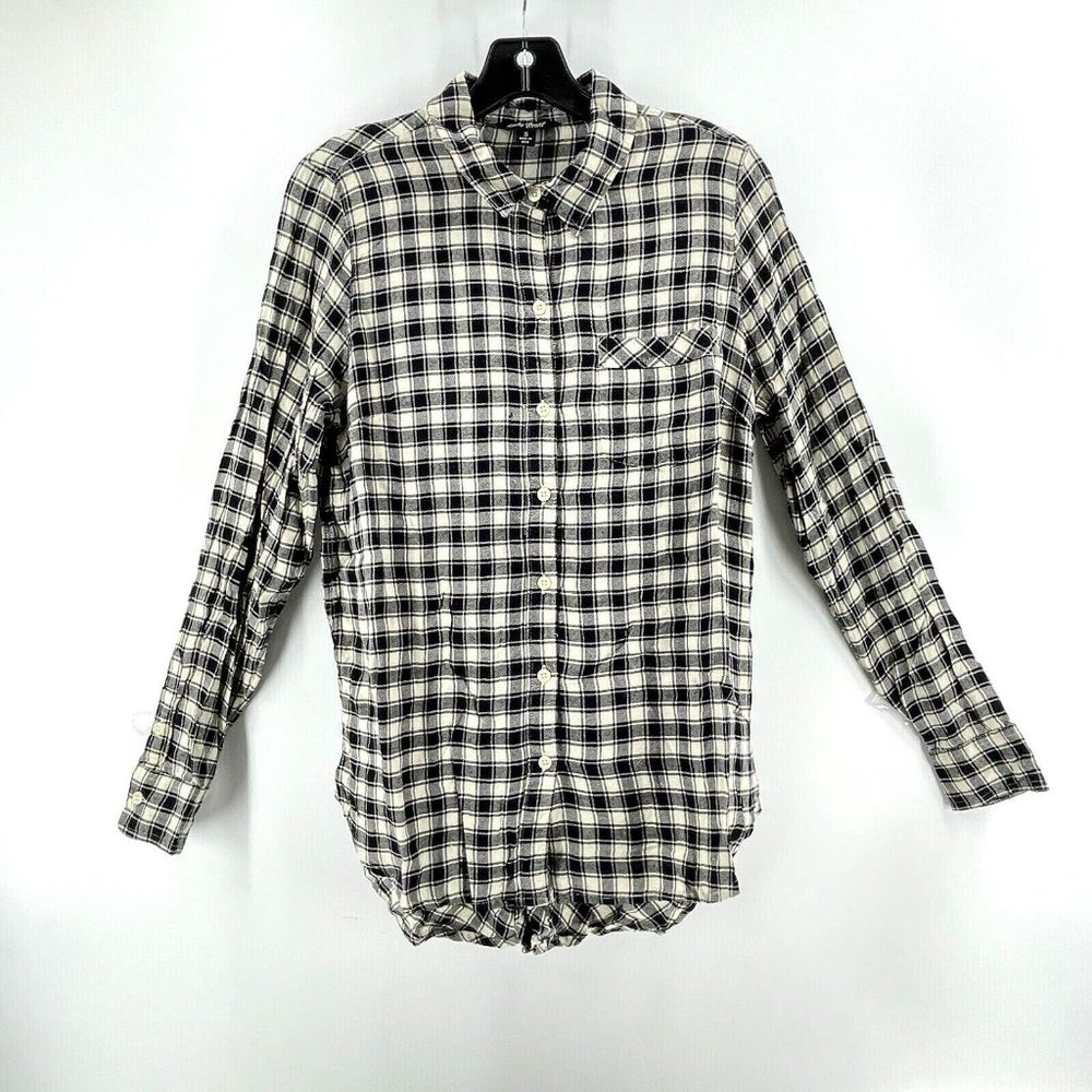 Lucky Brand Women's Plaid Flannel Black Cream Button Down Shirt Top Size Small